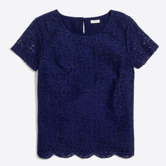 J. Crew Tops - J Crew scalloped lace tee Navy 00